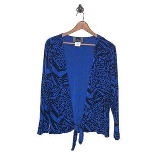 Slinky Brand Medium M Blue Leopard Zebra Stretch Knit Tie Front Cardigan Sweater